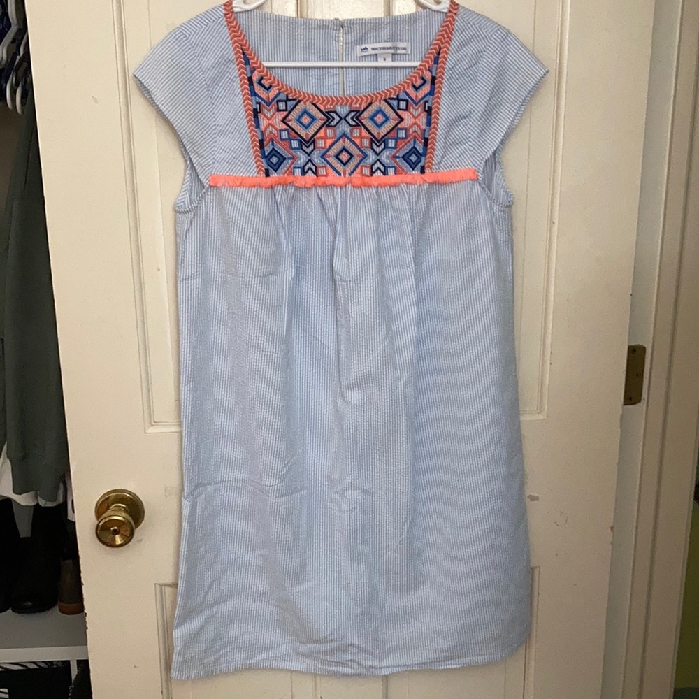 Sear sucker dress with pink and coral detail